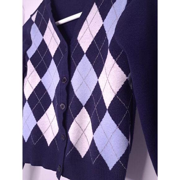 Shein Juniors Cardigan Size One Size Navy Blue Argyle Cropped Collegiate - Picture 4 of 8
